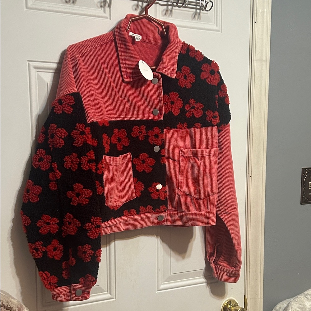Orange Corduroy and Black Floral  with Bright Orange Flowers Corduroy Jacket